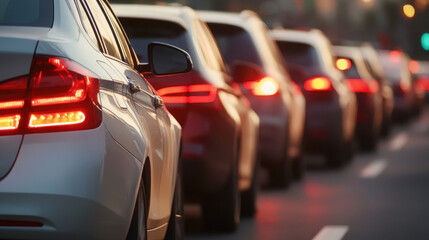 A line of cars in traffic, showcasing brake lights in the evening light.