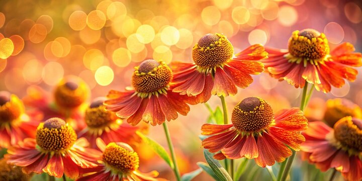 Helenium Flowers in Golden Light: An eye-level perspective captures the delicate beauty of helenium flowers bathed in a warm, soft golden light with bokeh effect.