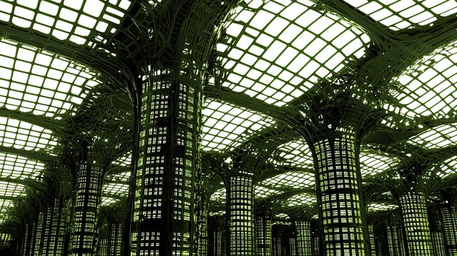 Complex, open, geometric building interior, many pillars, green tone - Powered by Adobe