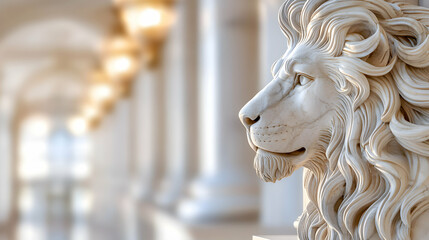 Close-Up of White Marble Lion Statue in Grand Hallway