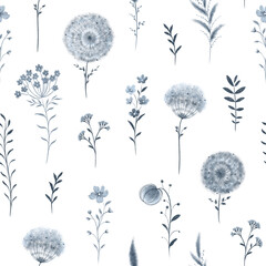 Seamless pattern with blue abstract flowers and plants, isolated illustration of delicate design elements hand drawn colored pencils. Hand drawn floral print.