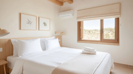 cozy bedroom featuring comfortable bed with white linens, natural wood accents, and serene view through large window. soft decor creates peaceful atmosphere