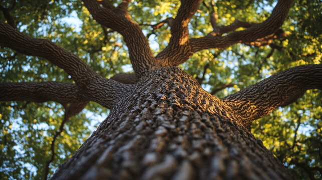A low-angle view of a tree trunk with textured bark and lush green leaves above.