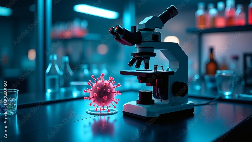 Poster a microscopic view of a virus next to a microscope in a lab setting, symbolizing scientific discover