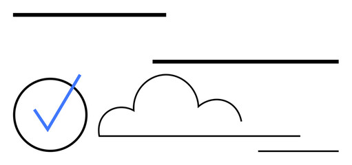 Checkmark inside a circle next to a cloud outline. Horizontal lines imply simplicity, speed, achievement. Ideal for productivity, cloud computing, efficiency, success, minimalism flat simple