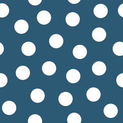 The design features a blue background that is adorned with white polka dots