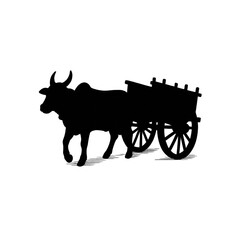 "Silhouette of a traditional bullock cart on a white background. Rural transportation concept, symbolizing agriculture, village life, and heritage."