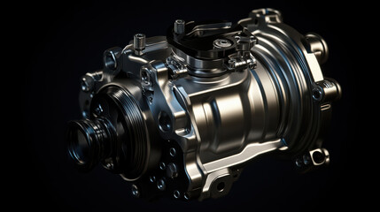 Automotive Component: A highly detailed, shiny automotive component is artfully presented against a dark backdrop, showcasing intricate design and precision engineering.