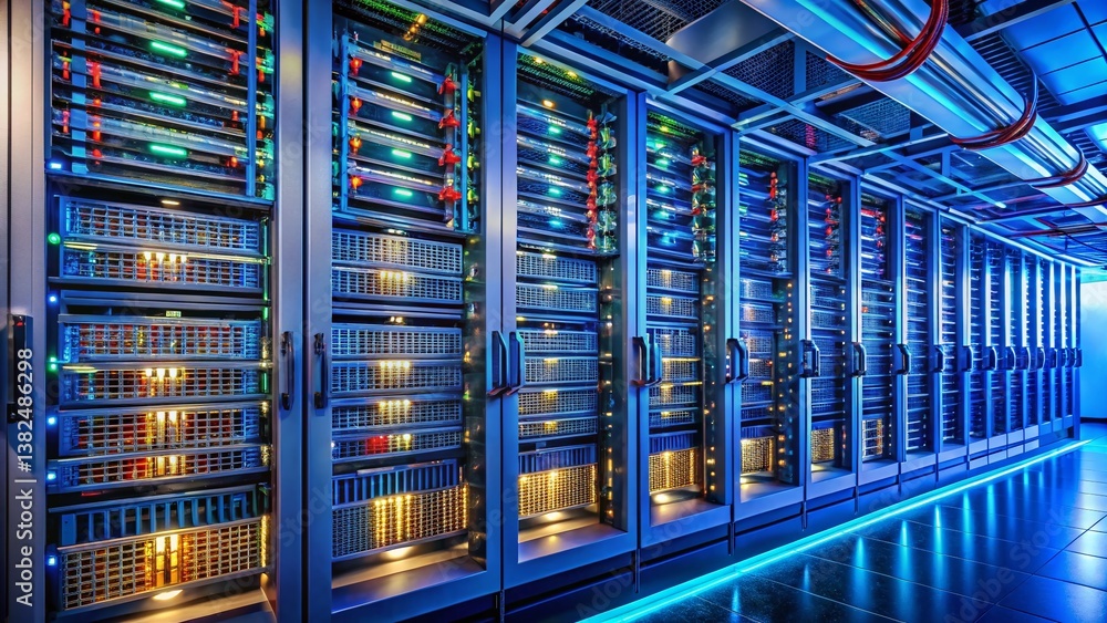 Poster digital fortress: a futuristic view of a server room, showcasing rows of advanced server racks fille