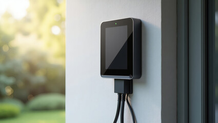 a wall-mounted smart home device with a screen, showcasing modern technology and smart living. The device is installed on an exterior wall.