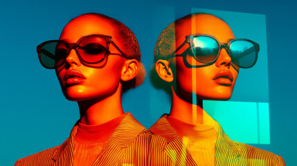 Stylish woman wearing oversized sunglasses, vibrant colors, modern fashion