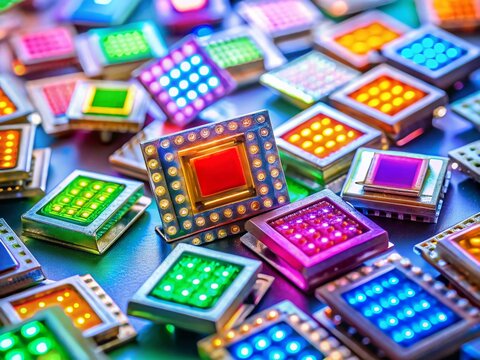 Digital Brilliance: A close-up captures a collection of intricate electronic components, their surfaces gleaming with a vibrant array of colors and intricate details.