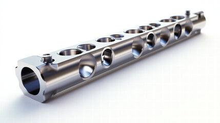 Fototapeta premium Industrial precision component: A close-up shot of a gleaming, precision-engineered metal component, a testament to the ingenuity and efficiency of industrial design. Emphasizing meticulous detail.