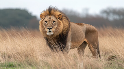A majestic lion stands in tall grass, showcasing its powerful presence in the wild.