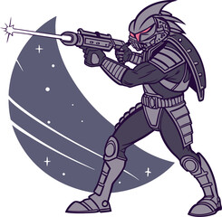 Dark Armored Sci-Fi Hunter with Glowing Weapon and Spiked Helmet Against Night Sky - Vector Character Design