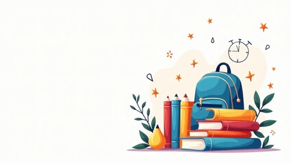 school supplies: books, bag, pencils, and an alarm clock, arranged with an aesthetic view. This picture illustrates the essence of learning. It's a symbolic depiction of educational pursuits