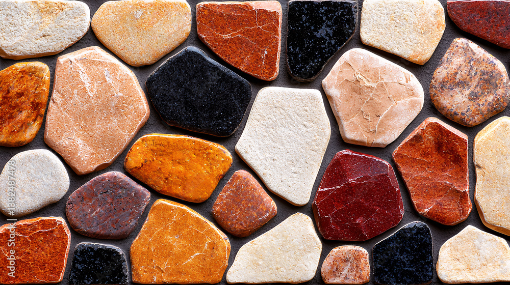 Poster natural stone tiles in various colors and shapes create beautiful and textured surface, perfect for 