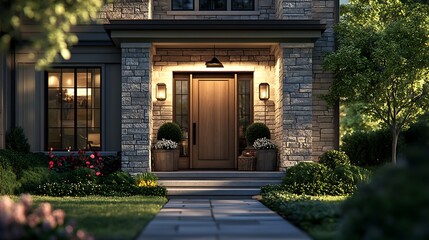 Home entrance with lights on, path, plants, and green trees for realty use
