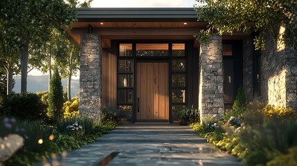 House exterior with stone columns, walkway, trees, and sunlit background