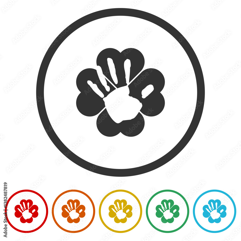 Poster hand print on four leaf clover logo. set icons in color circle buttons
