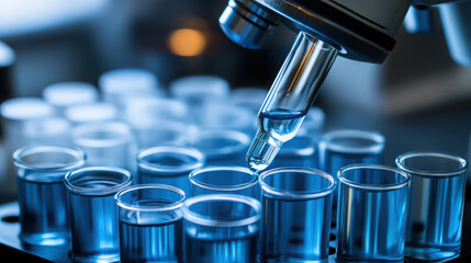 A microscope and pipette above test tubes in a laboratory setting.