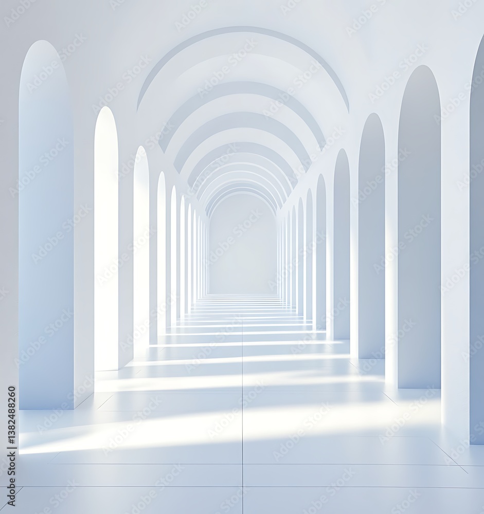 Aufkleber 3d rendering of a white background with long arches and light coming from the window