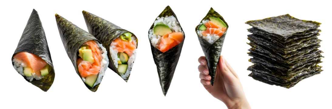 Set of Temaki salmon avocado cucumber hand roll wrapped sushi with nori seaweed sheet, different angles isolated on transparent cutout PNG. Mockup template for design artwork	
