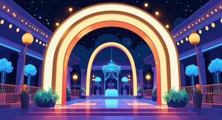 Giant illuminated archway marking the entrance to a party venue at night anime cartoon style illustration artwork design background