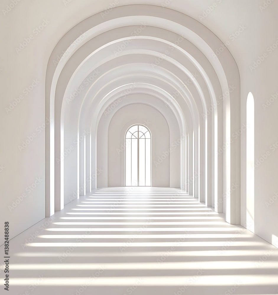 Poster 3d rendering of a white background with an arched wall and window in the middle