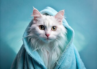 Cozy Cat in a Robe: A fluffy white cat, wrapped in a soft, blue robe, gazes serenely, embodying comfort and contentment against a backdrop of gentle hues.