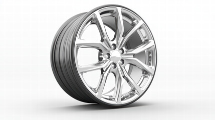 Fototapeta premium Chrome Alloy Wheel: A close-up of a sleek, modern chrome alloy wheel, showcasing its intricate design and reflecting the essence of speed and innovation. This image is perfect for automotive, design.