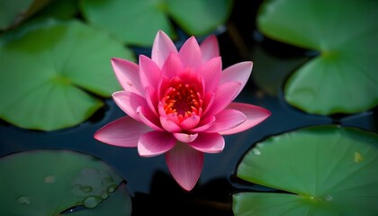 A macro shot captures a vibrant pink water lily in full bloom, set against a backdrop of lush green lily pads floating on dark water
