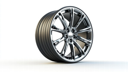 Obraz premium Shiny Wheel of Transportation: A detailed shot showcases a gleaming, high-performance car wheel, highlighting the precision and design of automotive excellence. 