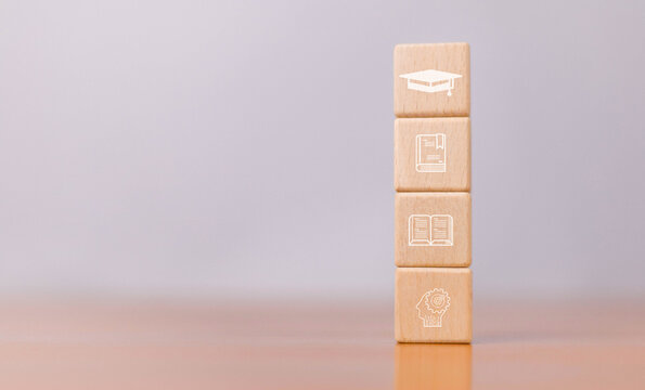 Wooden blocks concept of e-learning education, internet lessons and webinars, online lesson participants on learning digital education online with webinars, learning, training, education, courses, tut