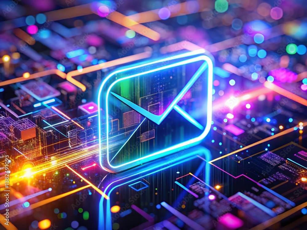 Poster cyber mail: an eye-level perspective of a digitally rendered, glowing envelope icon integrated withi