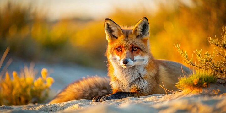 The Regal Gaze of the Fox: A striking red fox, with intelligent eyes and a luxurious coat, reclines amidst the golden hues of a sun-drenched landscape, exuding an air of serene majesty.