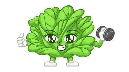 Cute Lettuce Cartoon Character Exercising with Dumbbell. Promoting Fitness and Healthy Eating.