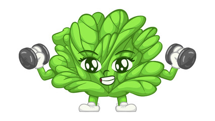 Cartoon Lettuce Character Lifting Weights - Fitness Mascot Illustration