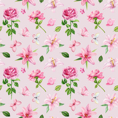 seamless floral pattern with pink roses lilies and butterflies, watercolor hand painted blooming flowers on background