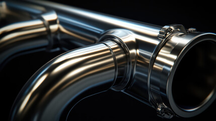 Naklejka premium Sleek Steel Pipes: A close-up photograph highlights a network of polished steel pipes, meticulously welded and interconnected, reflecting the surrounding light and the details of industrial design. 