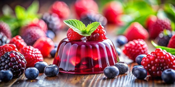 Berry Delight: A close-up shot showcasing a delightful berry dessert, composed of a vibrant jelly surrounded by fresh berries, offering a tempting culinary experience. - Powered by Adobe