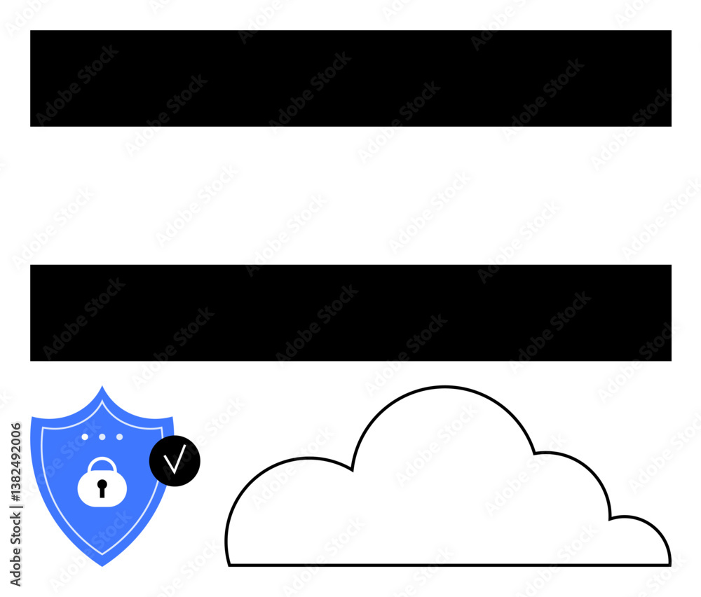 Poster cloud outline with secure shield featuring a lock and checkmark, paired with bold horizontal bars. i