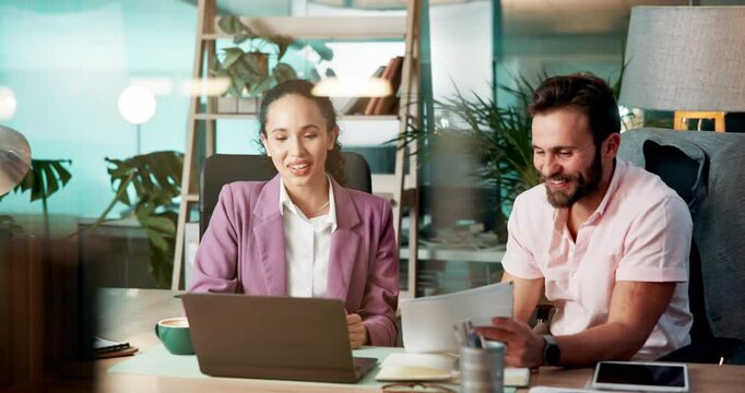 Collaboration, documents and laptop with business people in office together for financial report. Computer, conversation and paperwork with employee team in workplace for administration or discussion