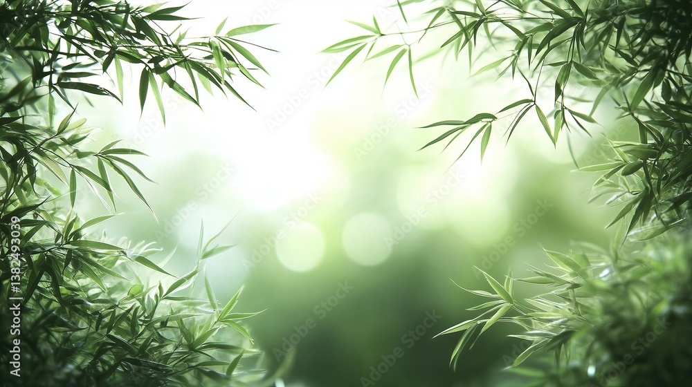 Poster tranquil bamboo forest with soft sunlight filtering through leaves, creating a serene and peaceful a