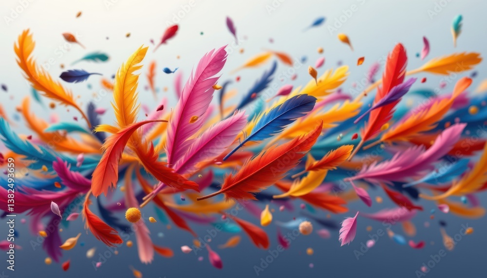 Poster feathers in the wind an artistic portrayal of colorful feathers floating in the air, swirling around