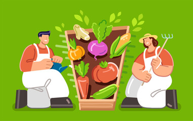 Farm workers grow organic healthy food. Gardening and nurturing plants concept. People farmers work in vegetable garden