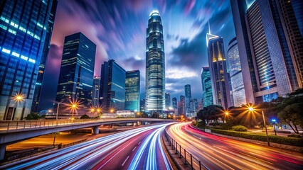 Obraz premium Urban Nightscape: Capturing the energy of a city at night, showcasing modern architecture with streaks of light from passing vehicles, evoking a sense of bustling city life and architectural beauty.