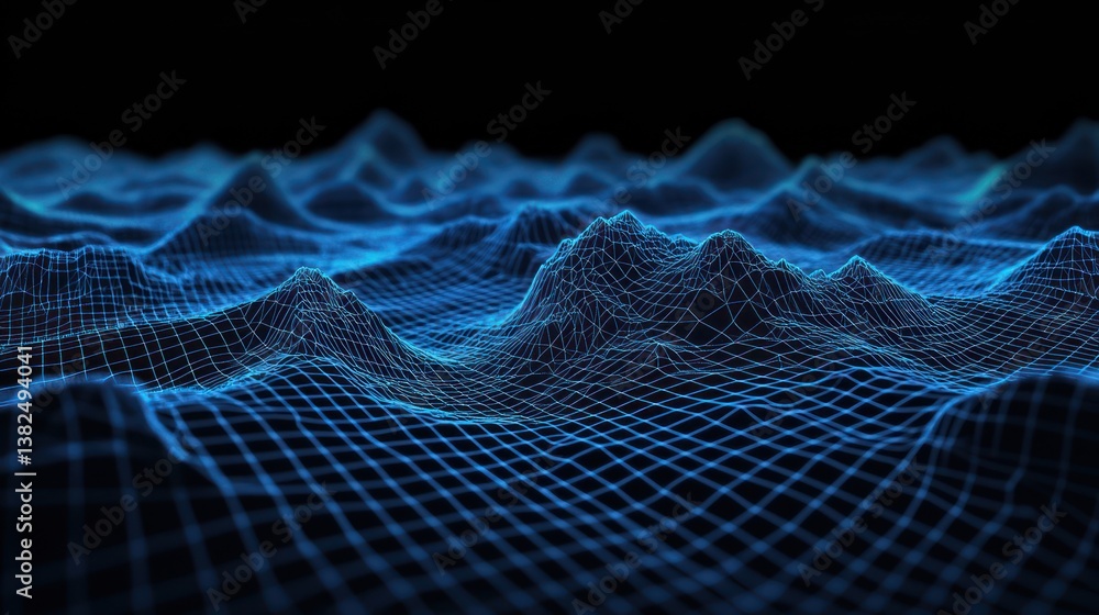 Poster abstract 3d wireframe landscape, digital terrain, futuristic background, potential use in tech prese