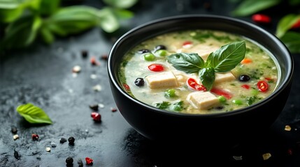 Serving of Thai Green Curry with Tofu, Peas and Fresh Basil