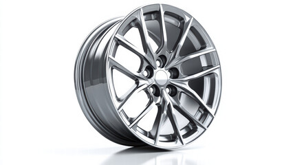 Obraz premium Chrome Alloy Wheel: A sleek, modern chrome alloy wheel with a multi-spoke design, showcasing its reflective surface and intricate details. Perfect for automotive, design, and industrial projects.